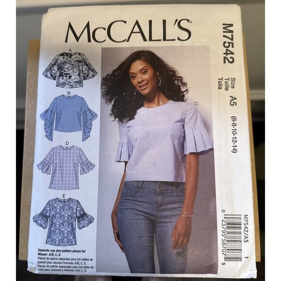 McCalls 7542 Sewing Pattern Shirts Flounce Ruffle Sleeve Options Sz 6-14 UNCUT - Picture 2 of 3